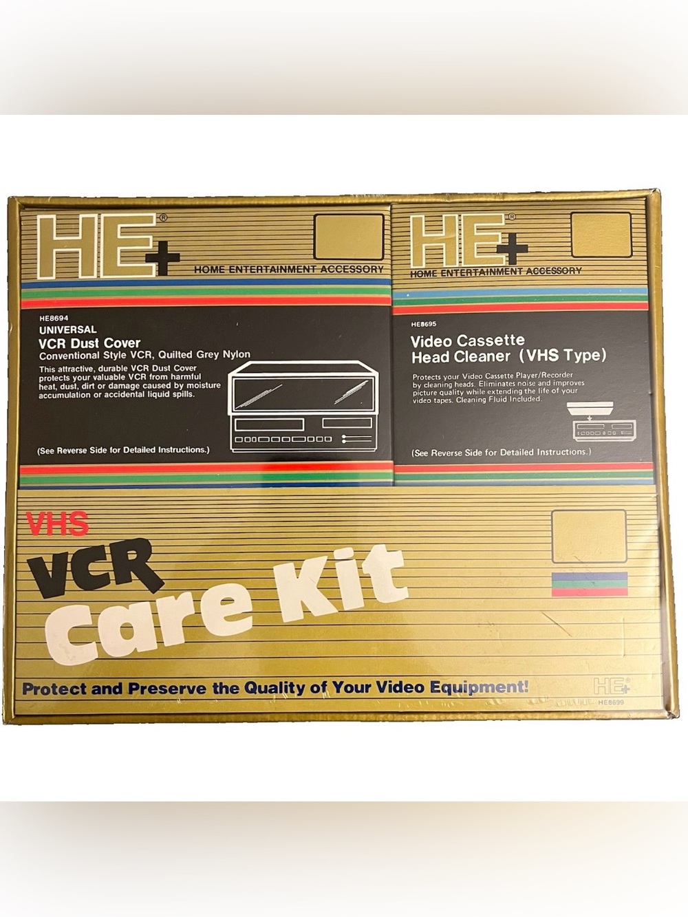 Vtg 80's NOS HE+ VCR Care Kit VCR Head Cleaner & VHS VCR DUST COVER